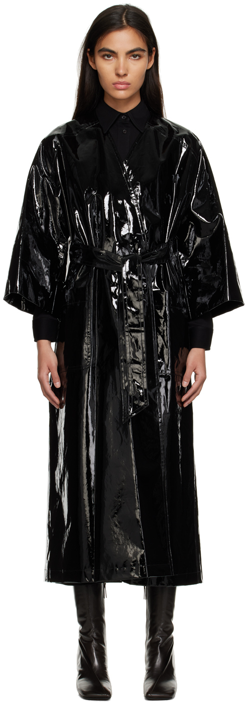Filippa K High Shine Belted Wrap Coat In 1433 Black