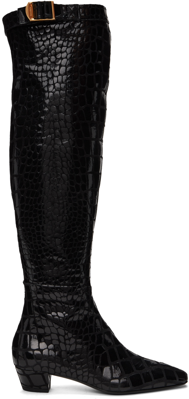 Tom Ford Croco Buckle Over-the-knee Boots In Black