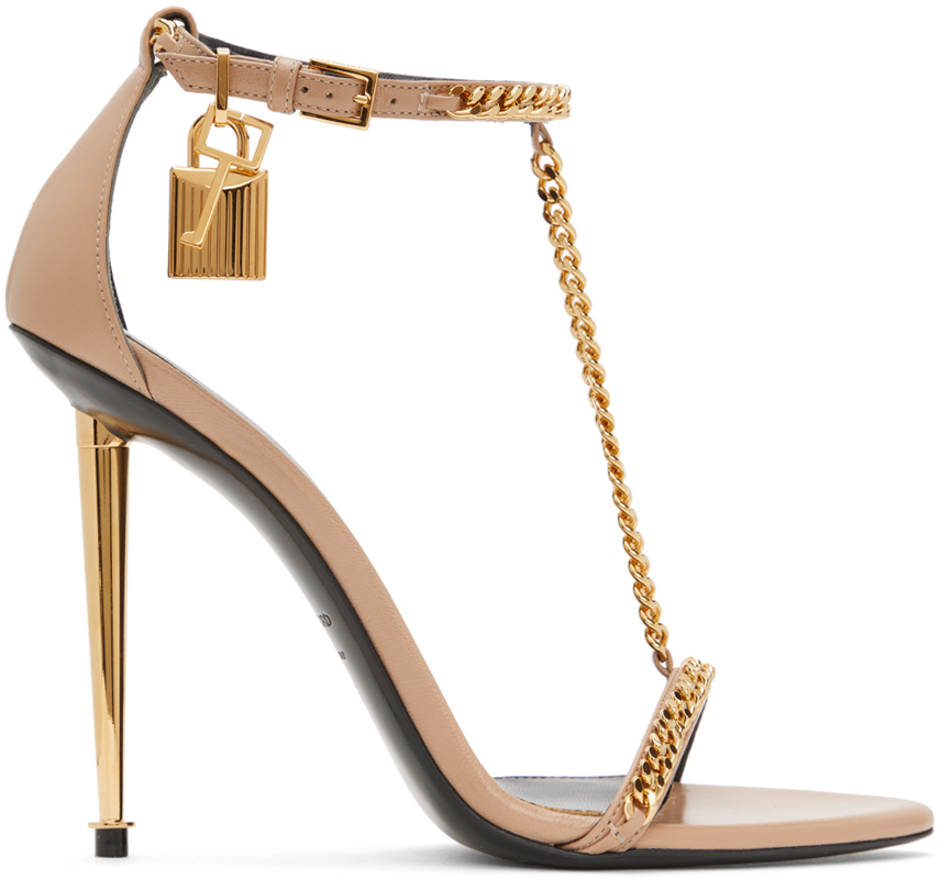 TOM FORD: Tan Padlock Pointy Naked Heeled Sandals | SSENSE