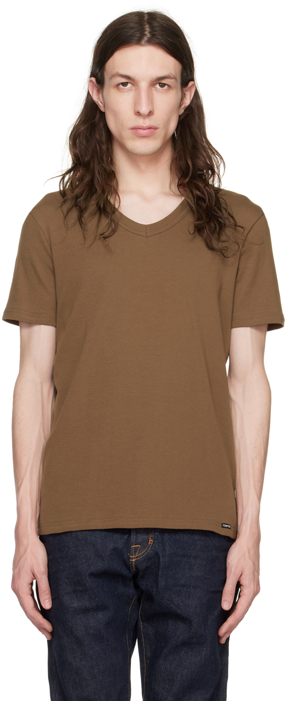 TOM FORD: Brown V-Neck T-Shirt | SSENSE Canada