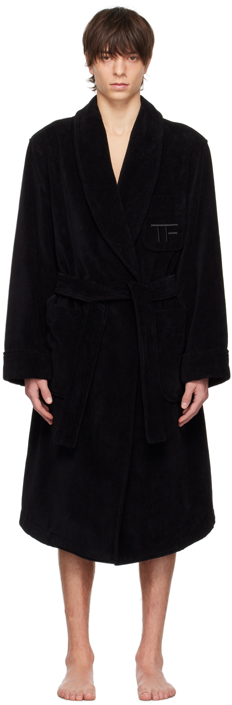 Tom Ford Black Solid Towelling Shawl Collar Robe