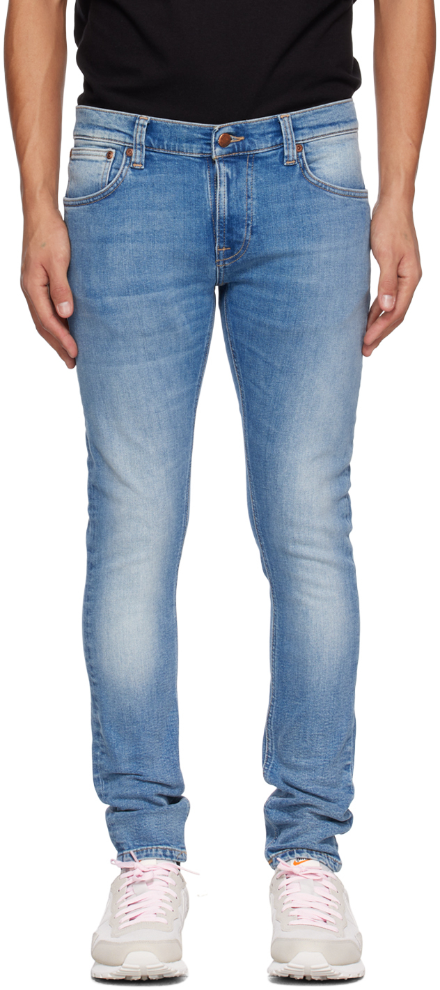 Shop Nudie Jeans Blue Tight Terry Jeans In Foggy Blue