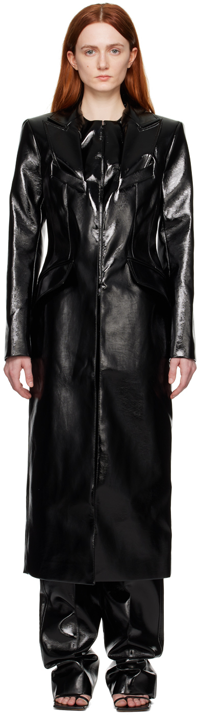 Aleksandre Akhalkatsishvili: Black Peaked Faux-Leather Coat | SSENSE