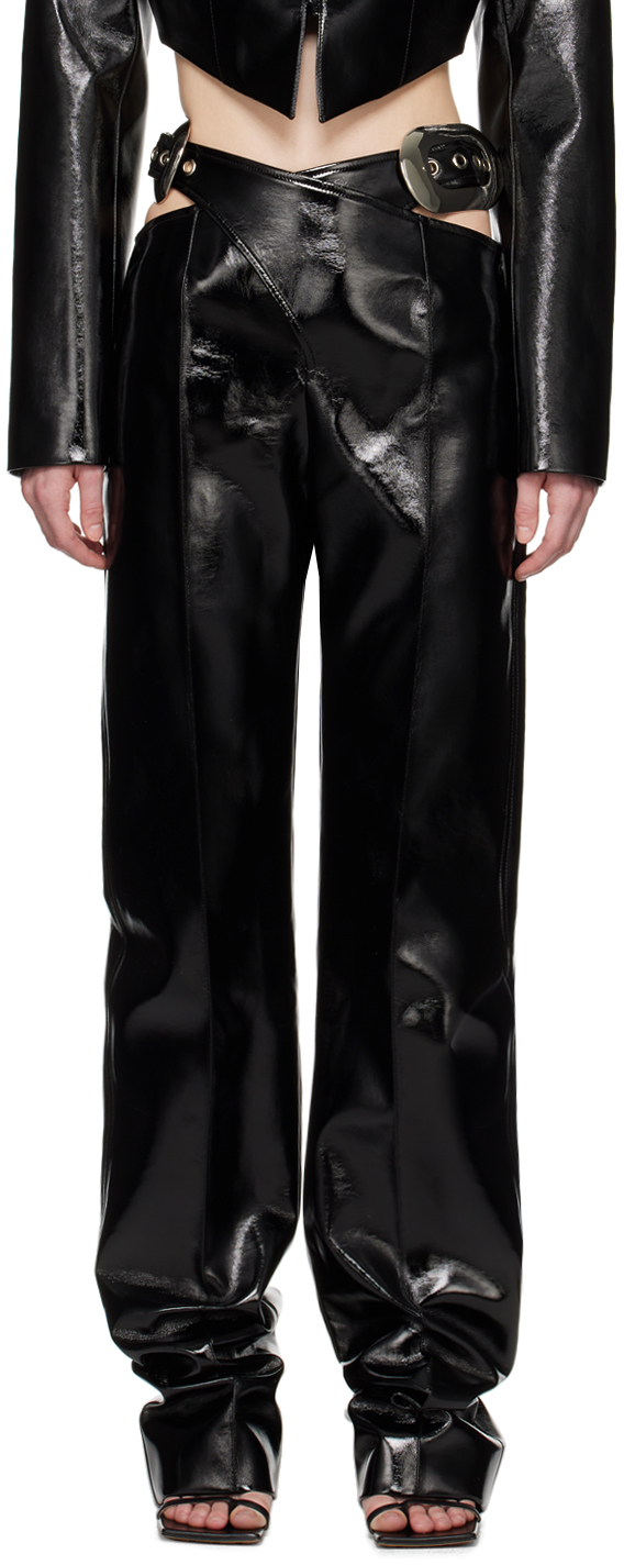 Black Pin-Buckle Faux-Leather Trousers