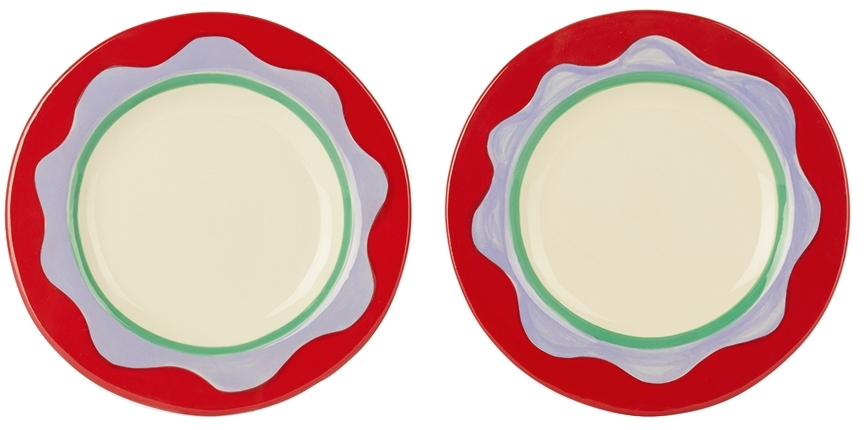 Laetitia Rouget Green & Red Wavy Dessert Plate Set In Wavy Red