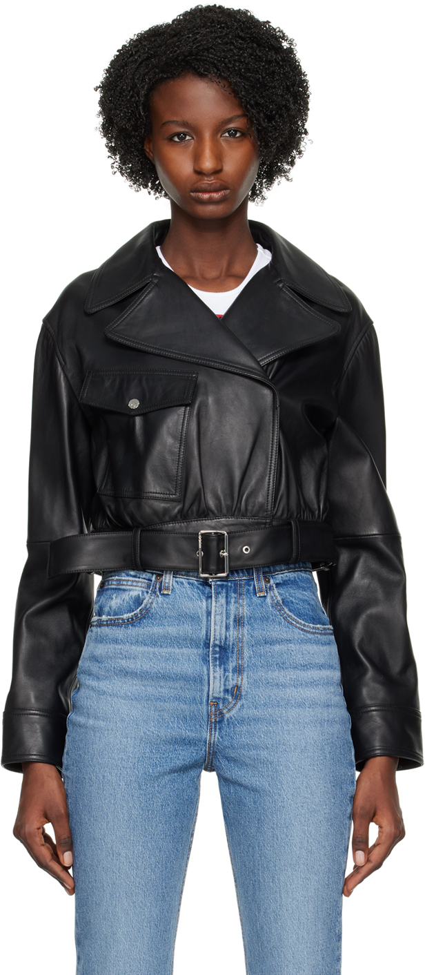 Hugo Black Belted Leather Jacket In 1 Black