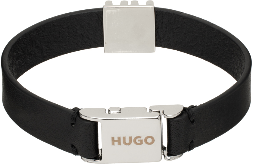 Hugo Boss Black Leather E-stacked Bracelet In Black 001