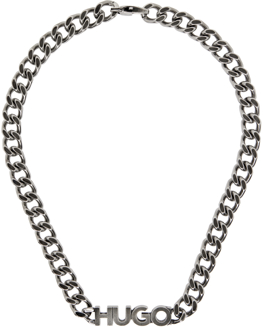 Hugo Gunmetal Logo Plaque Necklace In Silver 041