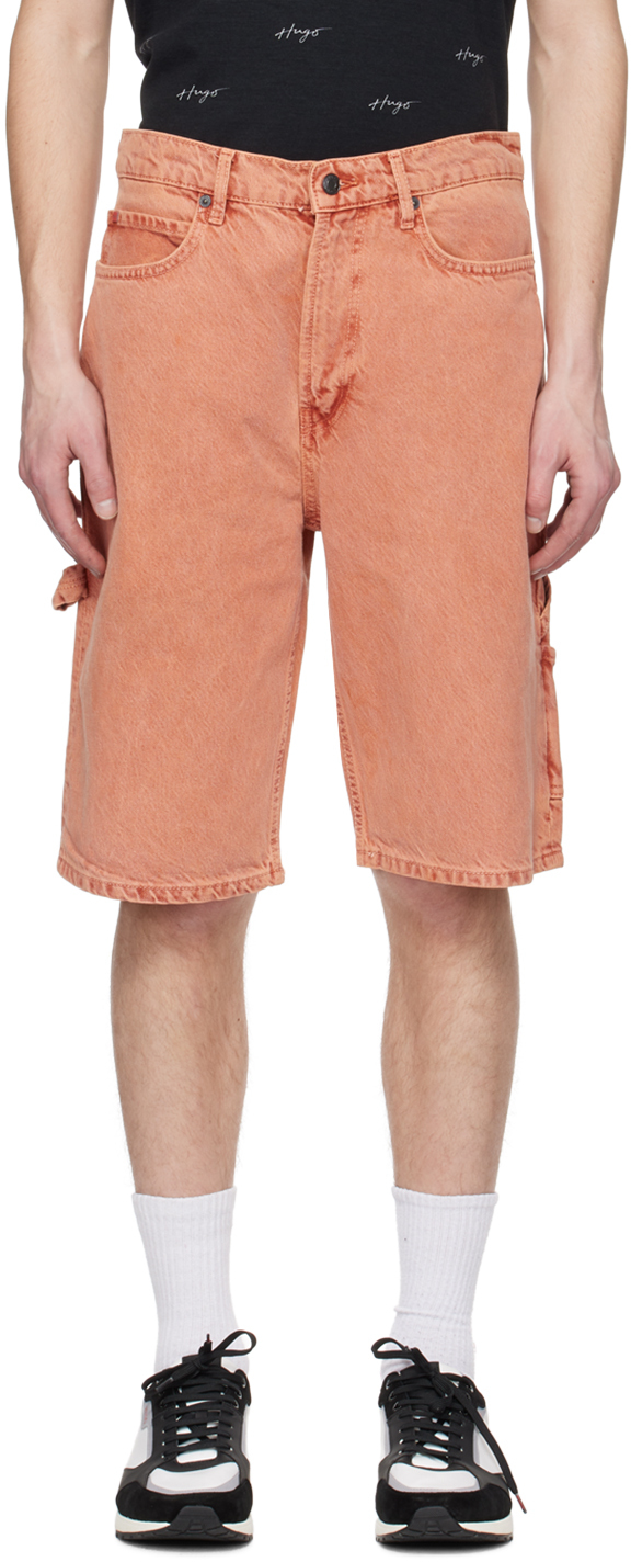 Hugo Orange Faded Denim Shorts In Open Orange 899