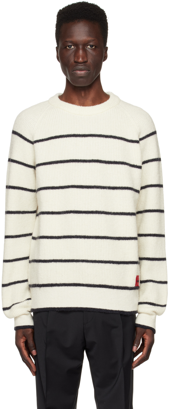 Hugo White Striped Sweater In Natural 108