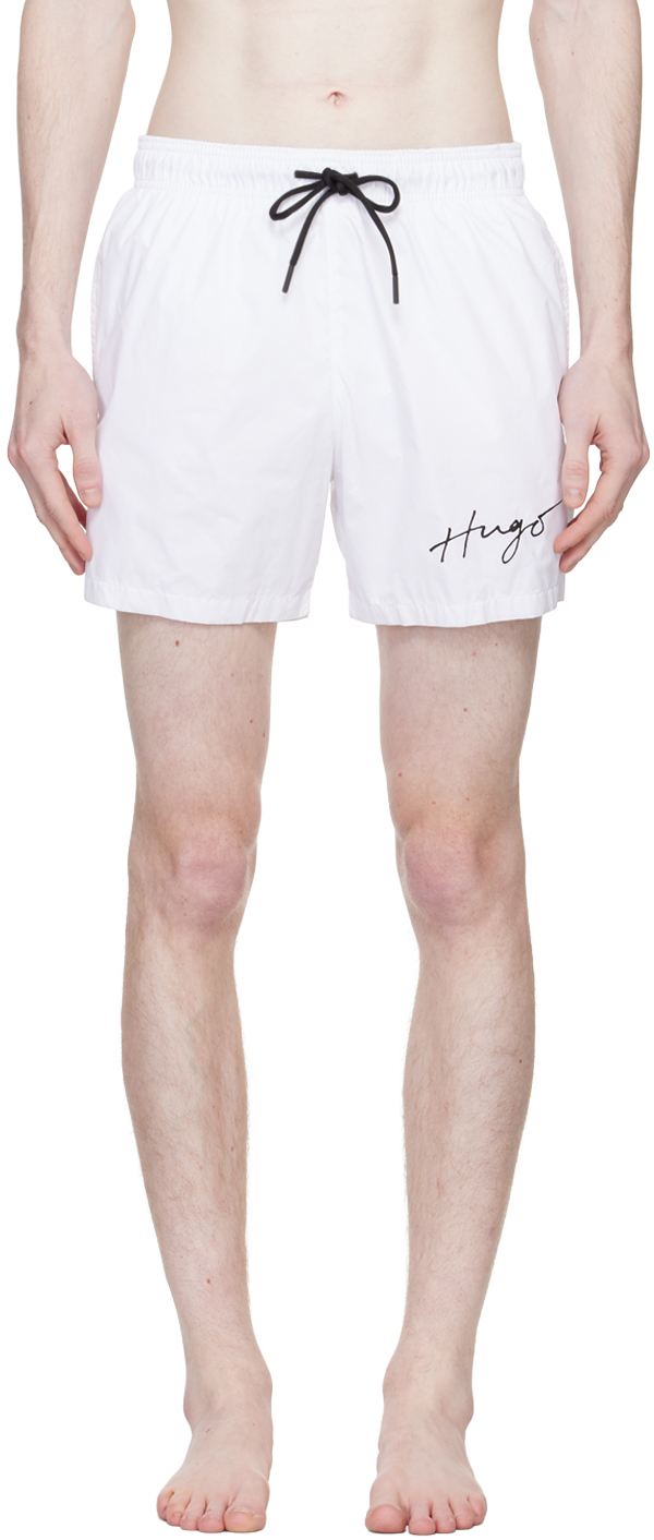 Hugo Recycled-material Swim Shorts With Handwritten Logo In White