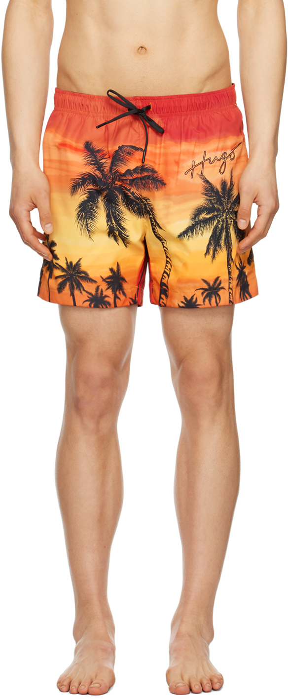Hugo Quick-dry Swim Shorts In Printed Recycled Fabric In Dark Orange