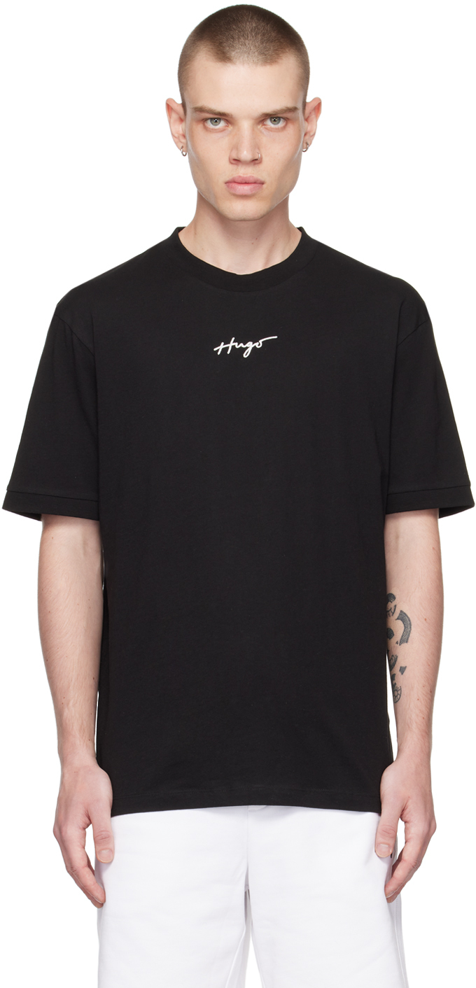 Black Embroidered T-Shirt by Hugo on Sale