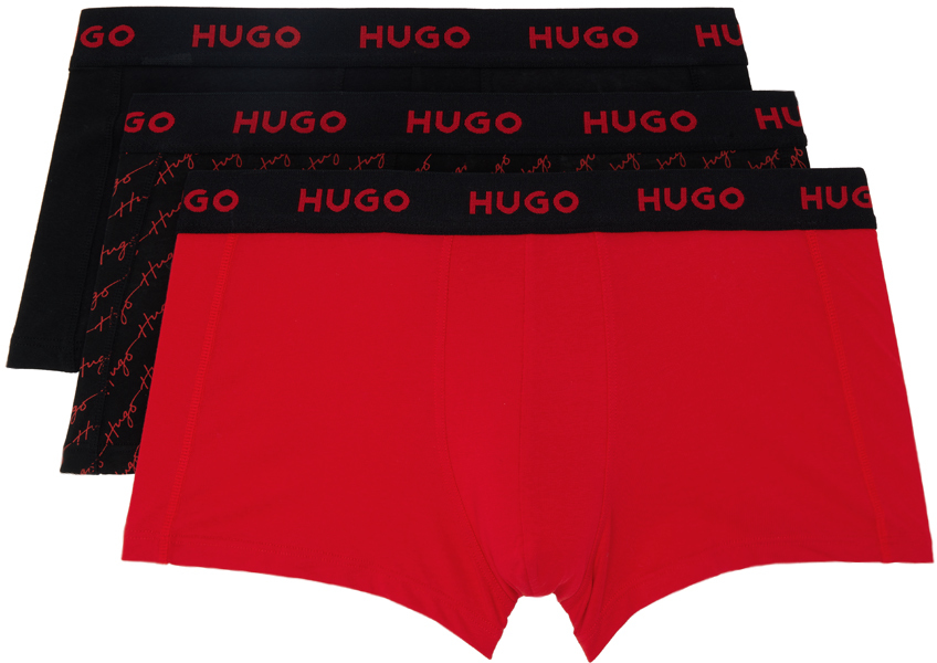 Hugo Three-pack Multicolor Graphic Boxers In Bright Red 621