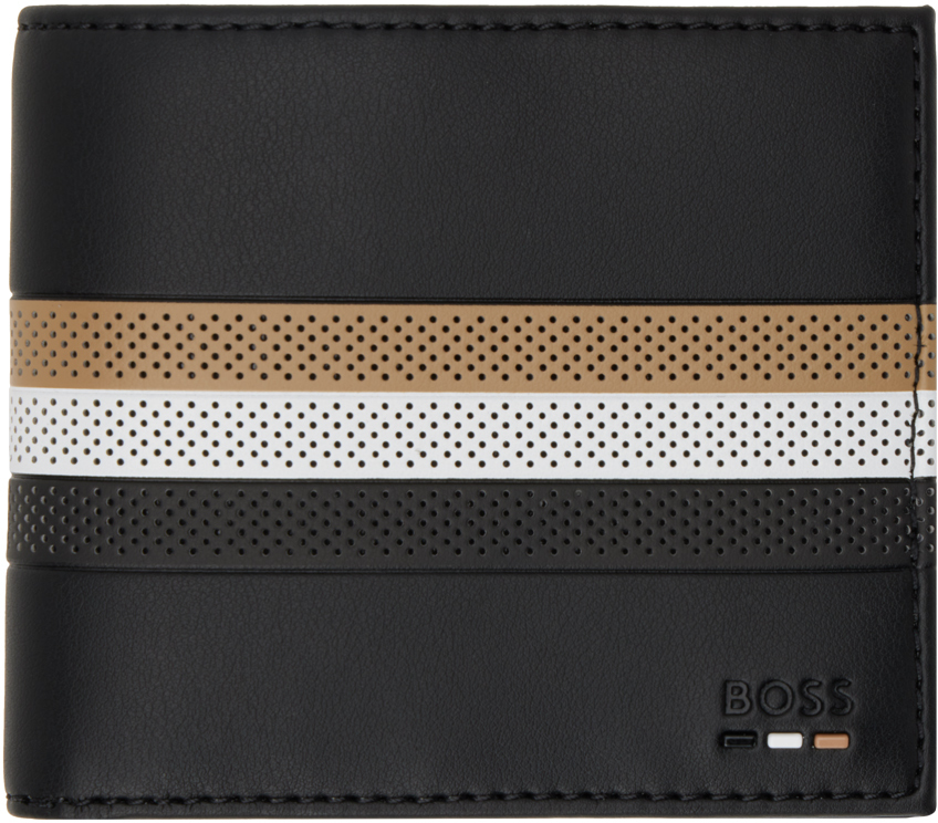 Hugo Boss Faux-leather Wallet With Perforated Signature Stripe In Black