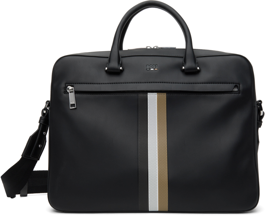 Hugo Boss Faux-leather Document Case With Signature Stripe Trim In Black