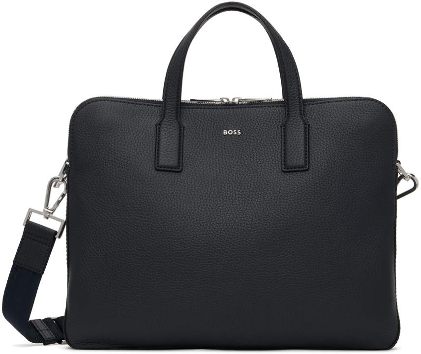 BOSS Navy Leather Briefcase