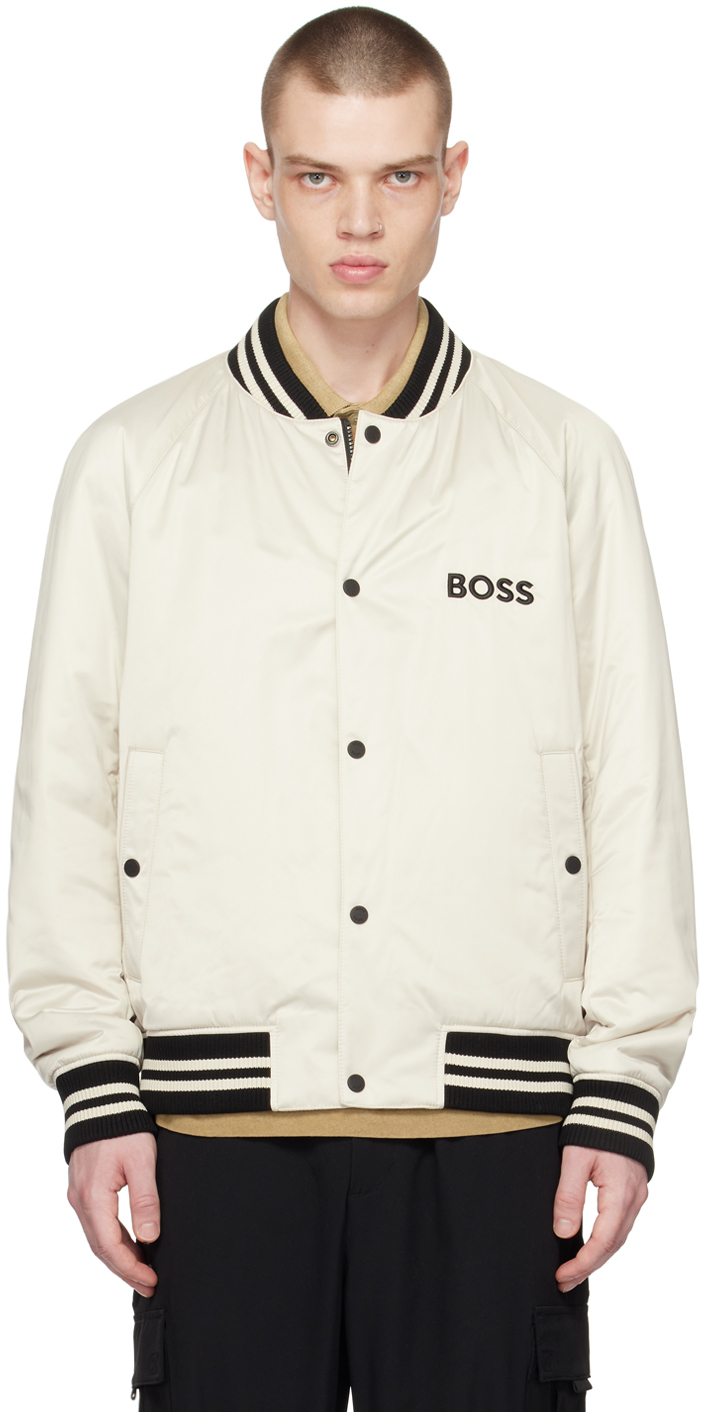 Shop Hugo Boss Off-white Stripes Insulated Bomber Jacket In Open White 131