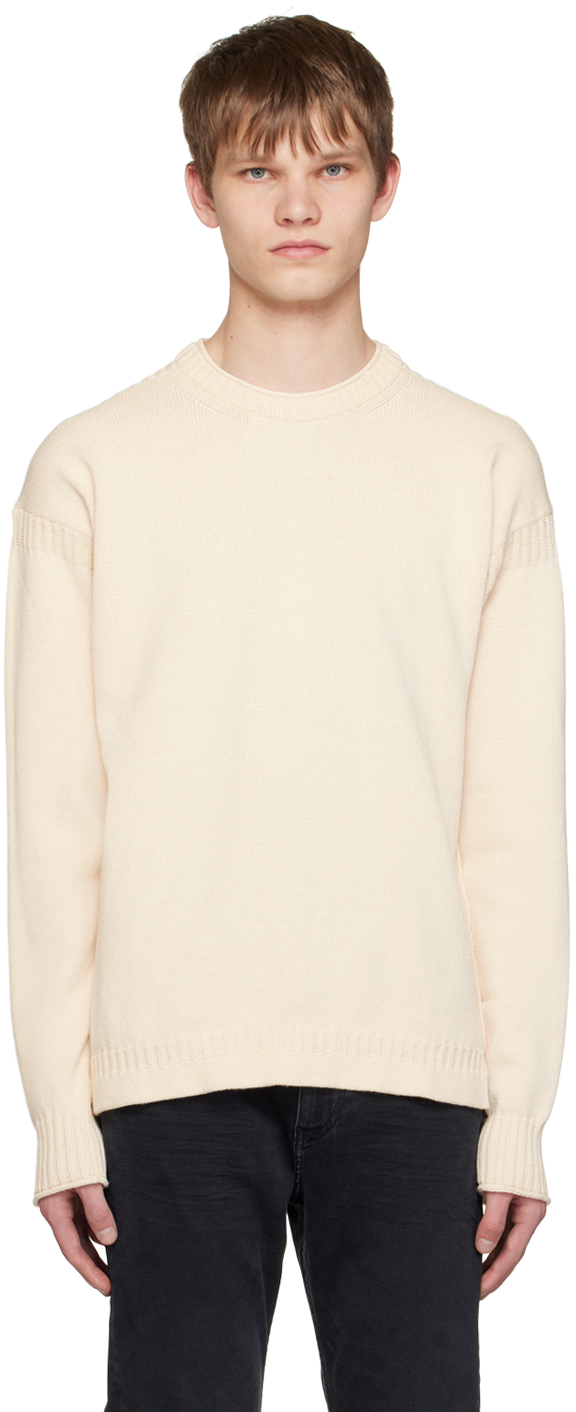 Hugo Boss Men's Crew-neck Sweater In Structured Cotton With Stripe Details In Open White
