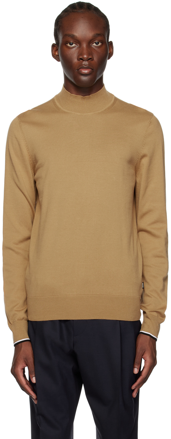 Hugo Boss Brown Mock Neck Jumper In Medium Beige 260