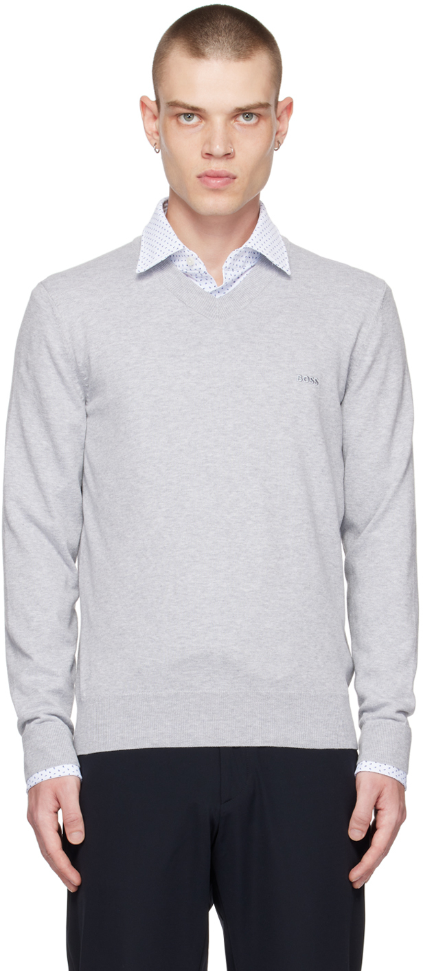 Hugo Boss Gray V-neck Sweater In Silver 041