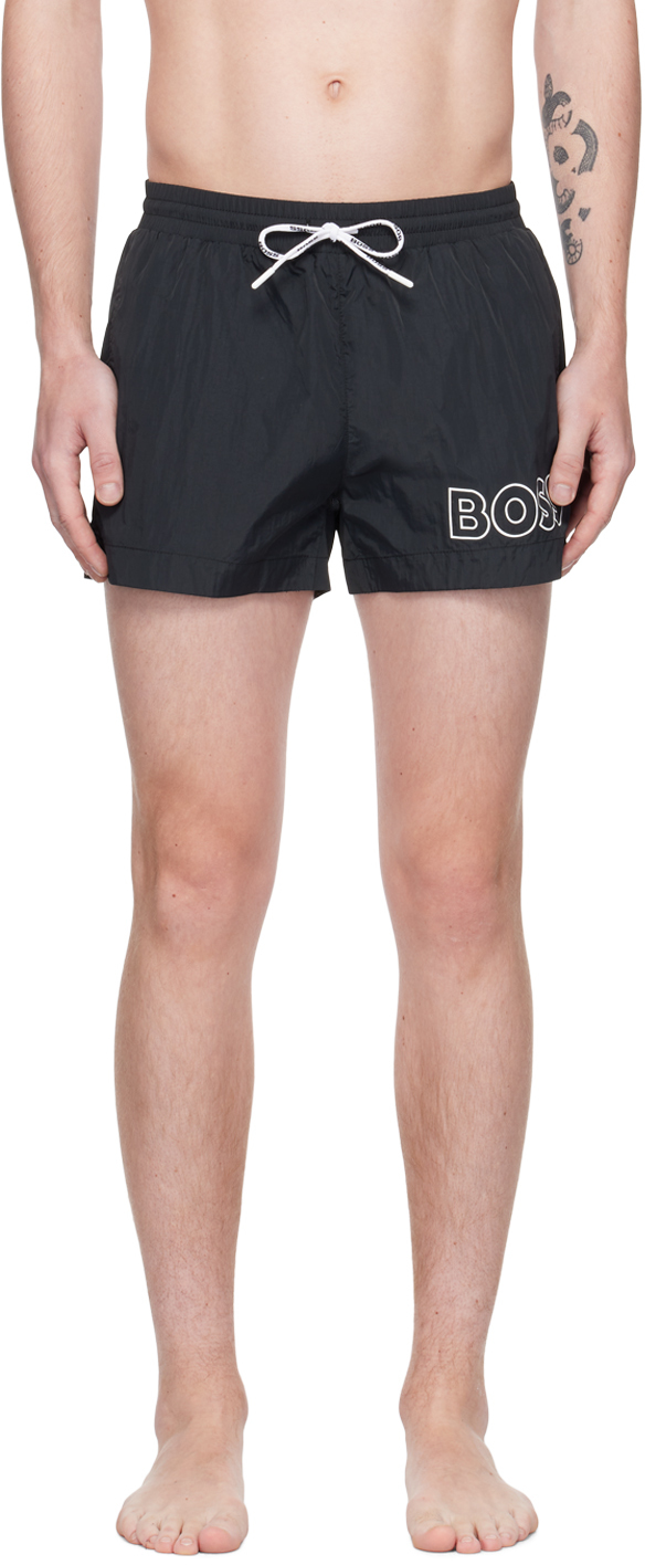 BOSS: Black Printed Swim Shorts | SSENSE