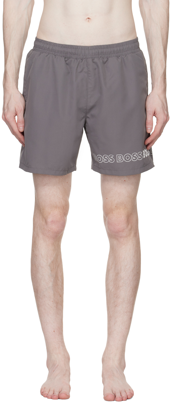 BOSS Gray Repeat Swim Shorts SSENSE