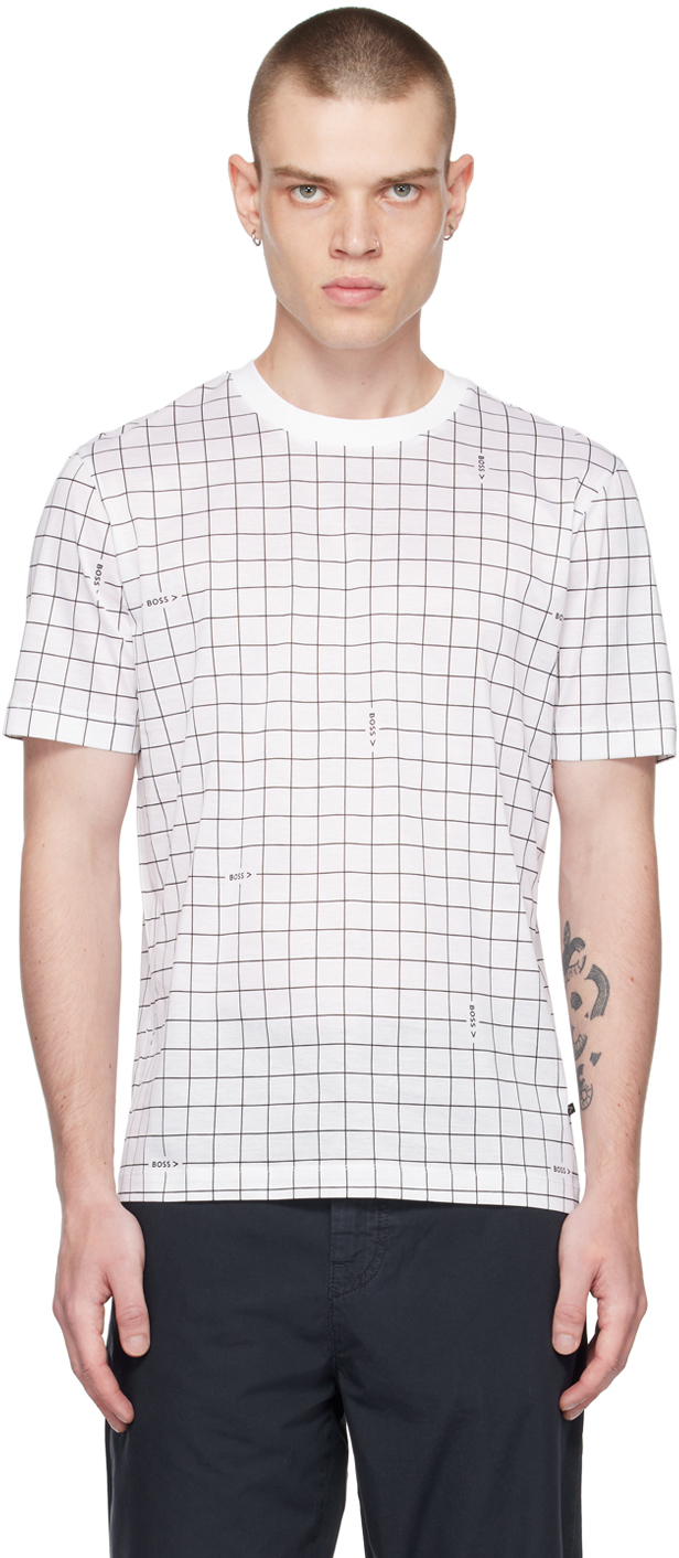 Shop Hugo Boss White Grid Print T-shirt In White 100
