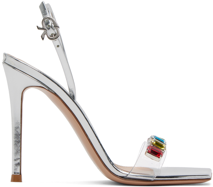Shop Gianvito Rossi Silver Ribbon Candy Heeled Sandals In Trasp+silver+multico