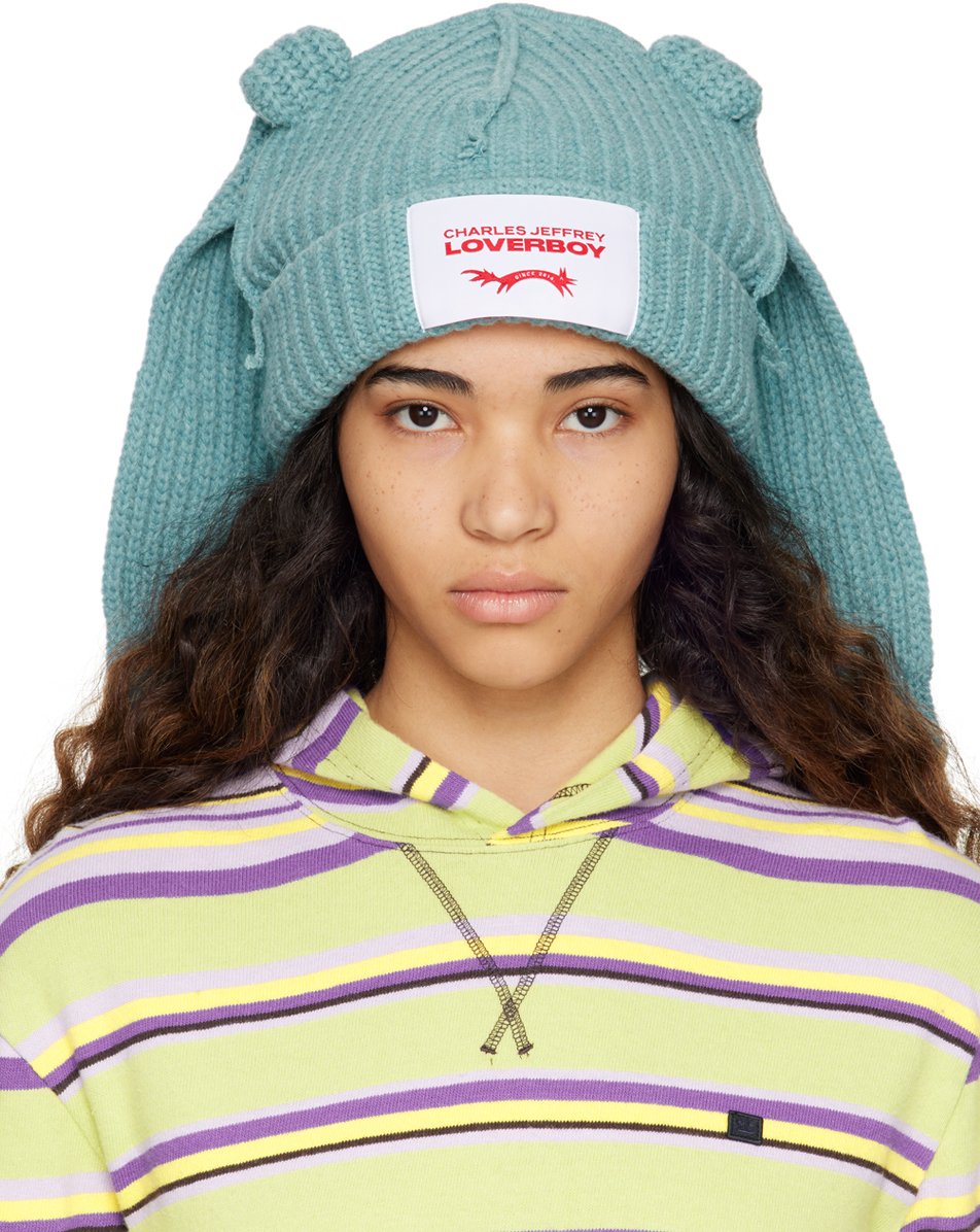 Blue Chunky Rabbit Beanie by Charles Jeffrey Loverboy on Sale