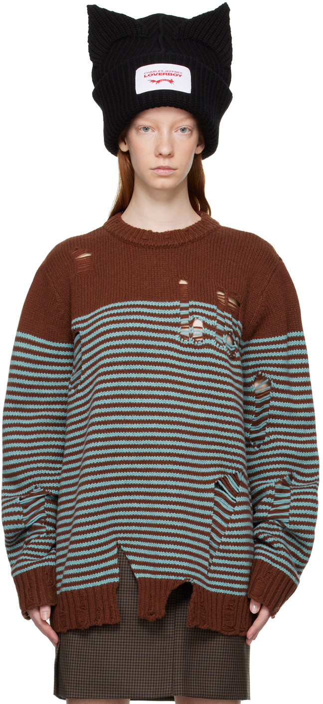 Shop Charles Jeffrey Loverboy Brown Mega Shred Sweater In Blue + Brown Stripe
