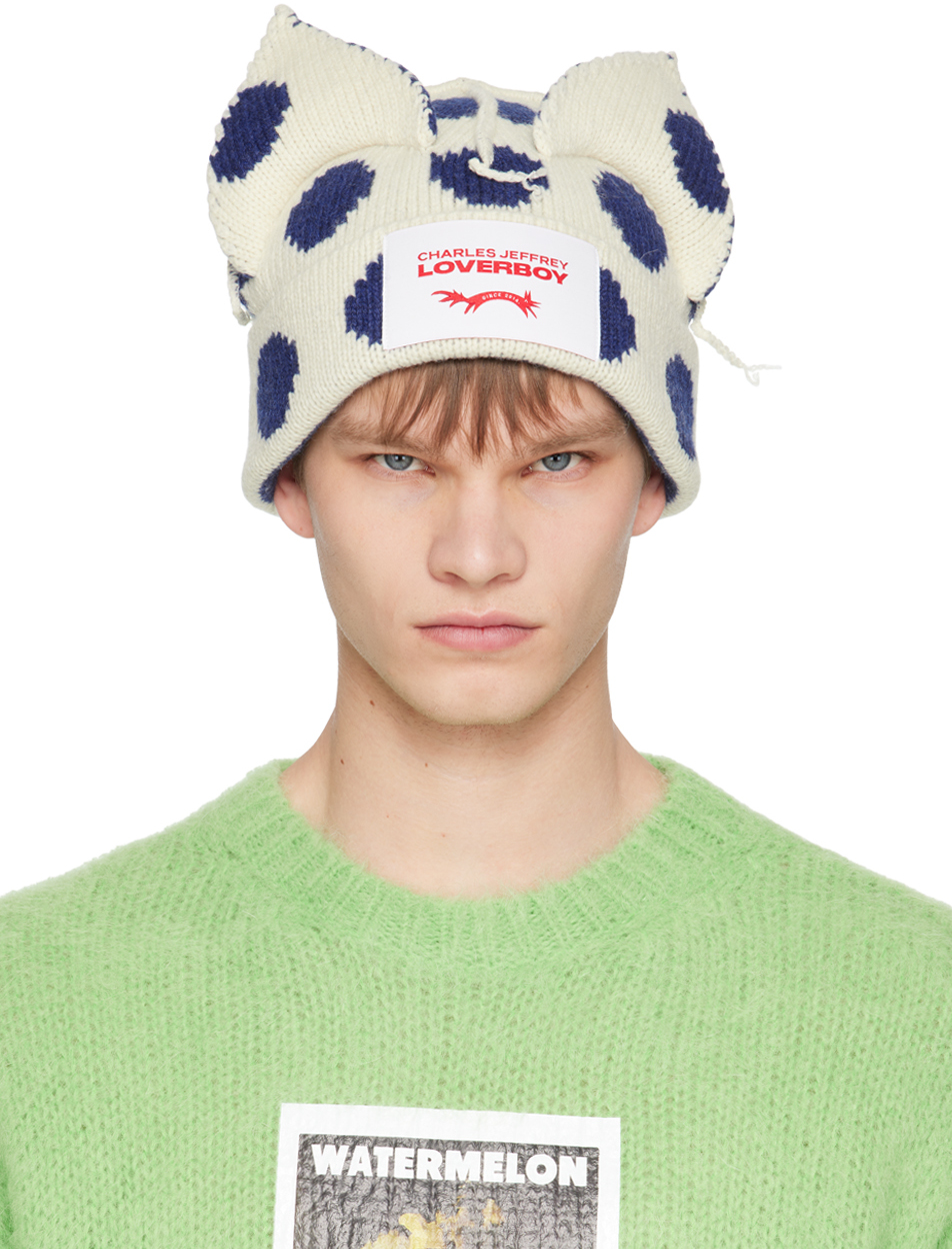 Charles Jeffrey Loverboy Polkadot Ears Wool Blend Beanie In Ecru,navy |  ModeSens