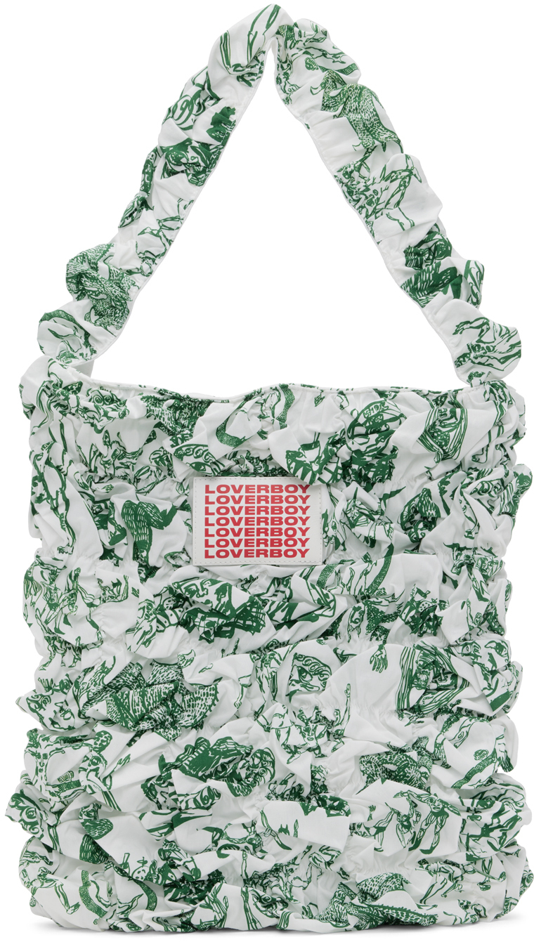 White & Green Shirred Tote