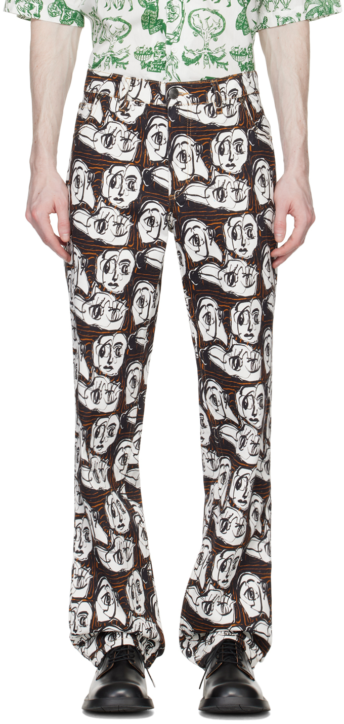 Shop Charles Jeffrey Loverboy Navy & White Art Jeans In Facep Faces Print