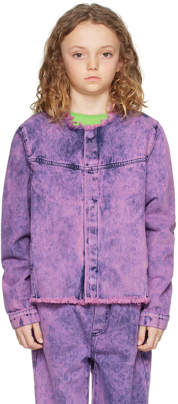 M.a+ Kids Purple Collarless Denim Jacket In Pink