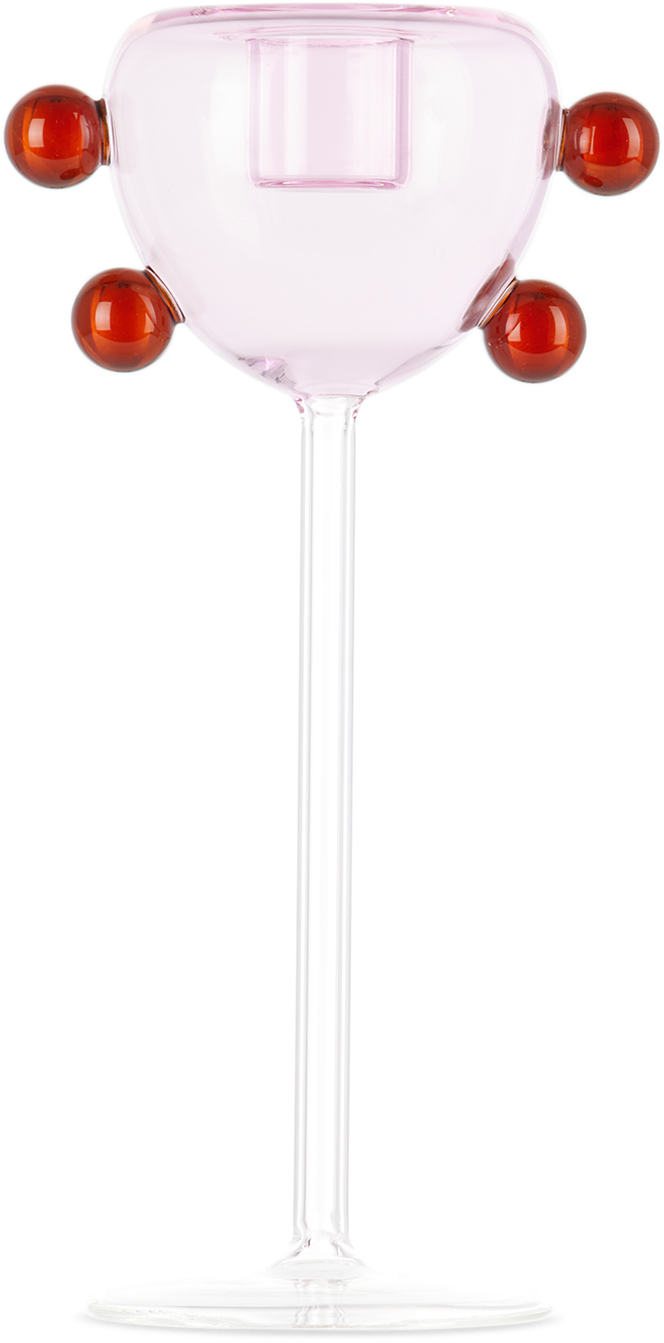 Maison Balzac Pink & Red Grand Pompom Candle Holder In Clear/pink/amber