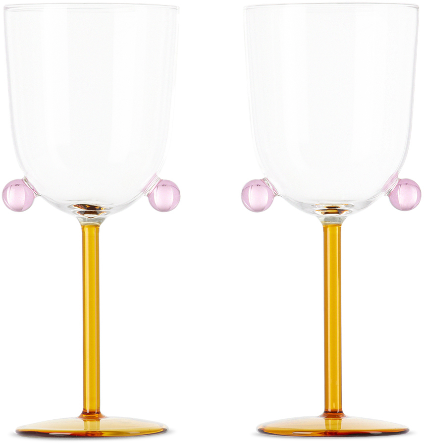 Maison Balzac Pink & Orange Pompom Wine Glass Set In Miel/clear/pink