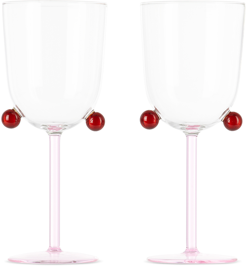 Maison Balzac Pink & Red Pompom Wine Glass Set In Pink/clear/amber