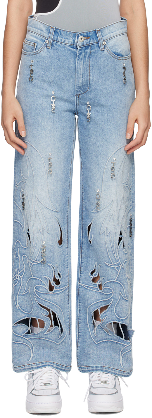Blue Phoenix Cutout Jeans by Feng Chen Wang on Sale