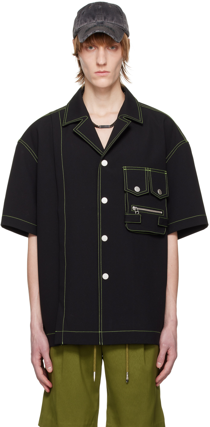 Feng Chen Wang Contrast-stitch Short-sleeve Shirt In Black