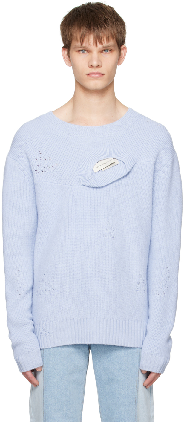 Blue Distressed Sweater by Feng Chen Wang on Sale