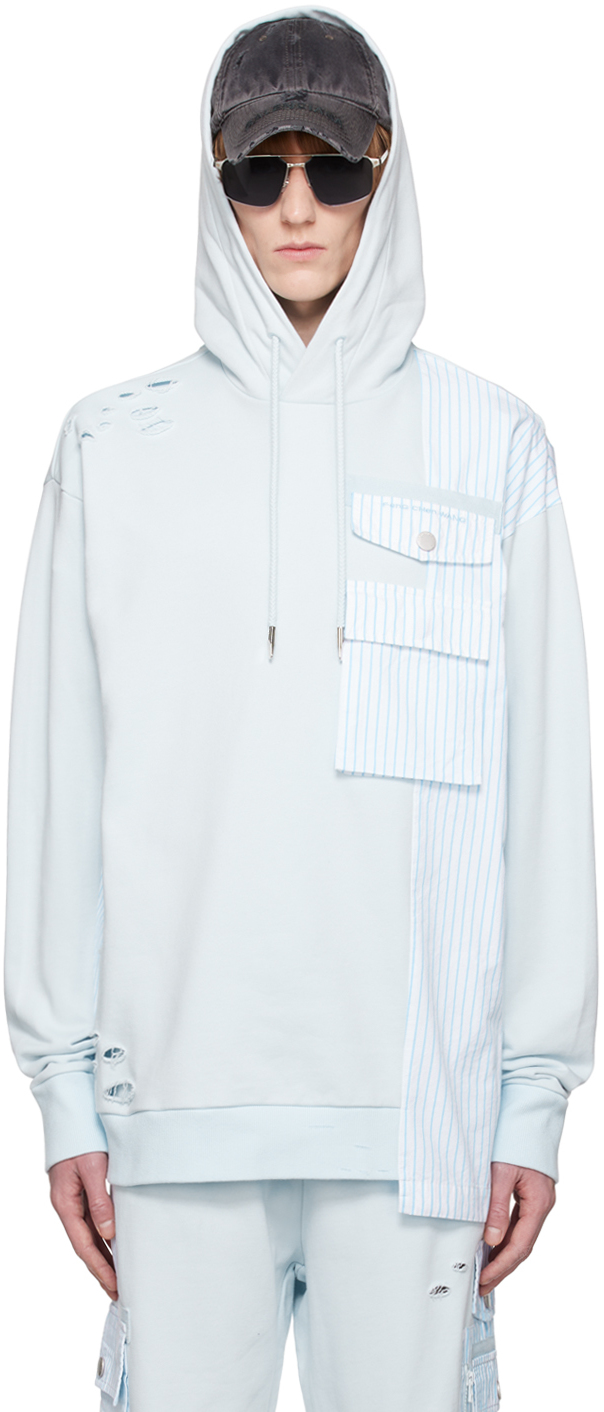 Feng Chen Wang Striped Panel Ripped Drawstring Hoodie In Blue