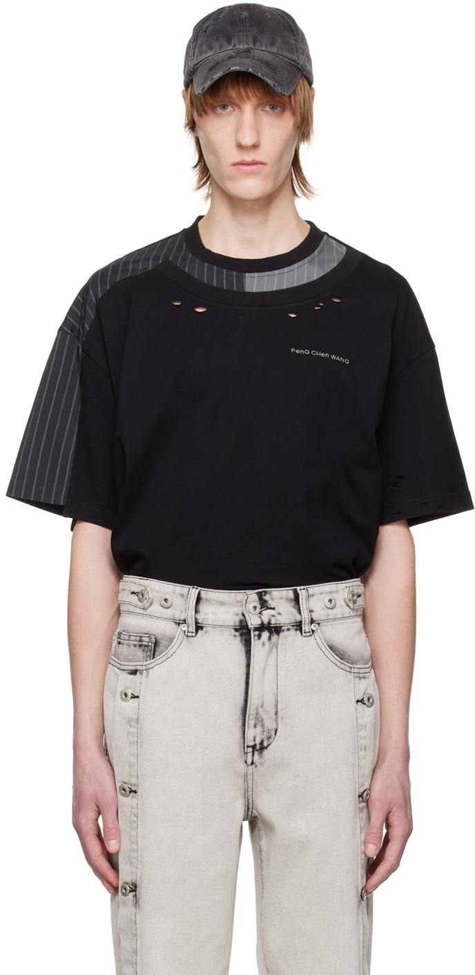 Feng Chen Wang Logo-embroidered Patchwork T-shirt In Black