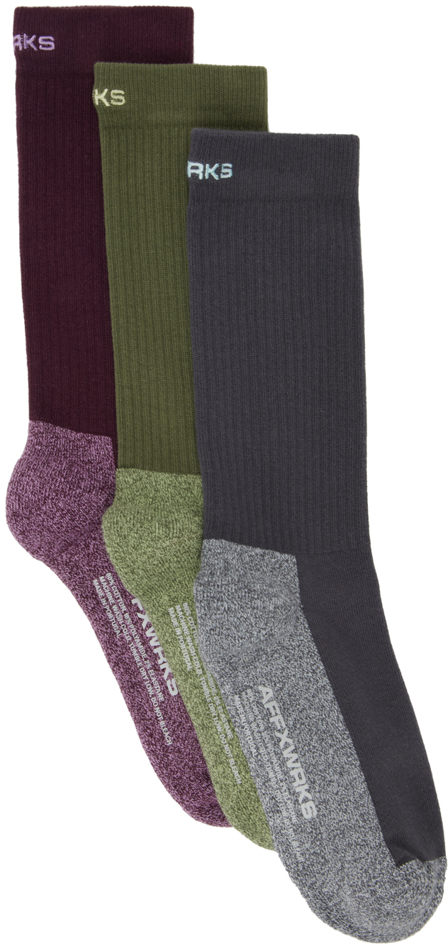 Affxwrks Three-pack Multicolor Duo-tone Socks In Crimson/green/grey