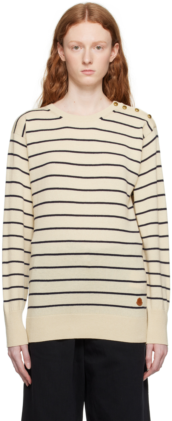 Moncler Girocollo Wool, Cotton, And Cashmere Striped Sweater In Beige Multi