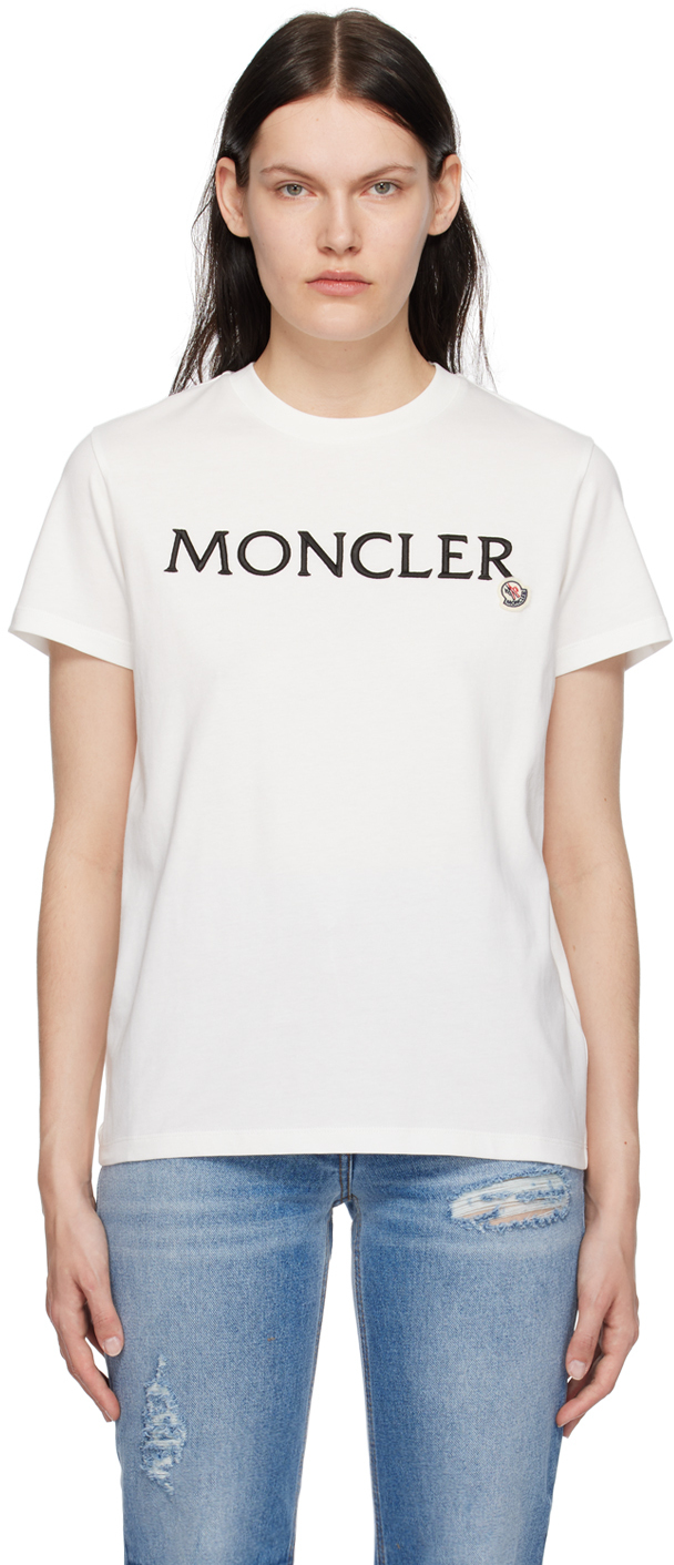 Shop Moncler White Embroidered T-shirt In 033 White
