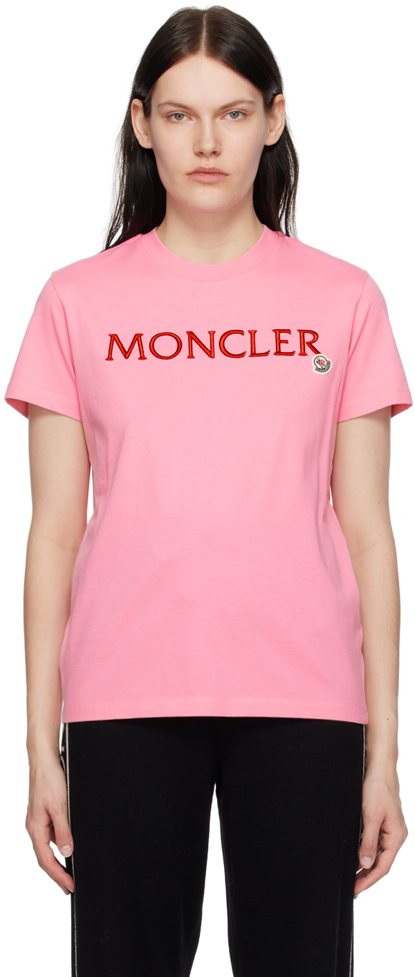 Moncler: Pink Embroidered T-Shirt | SSENSE