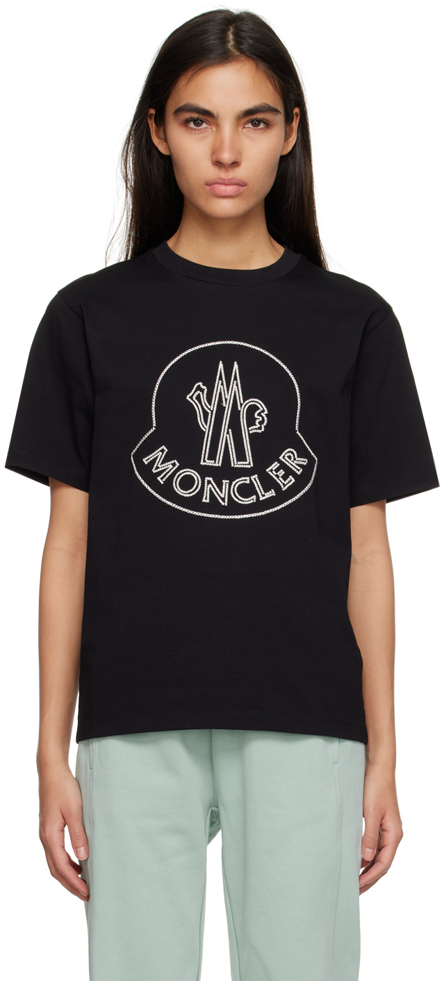 Shop Moncler Black Embroidered T-shirt In 999 Black
