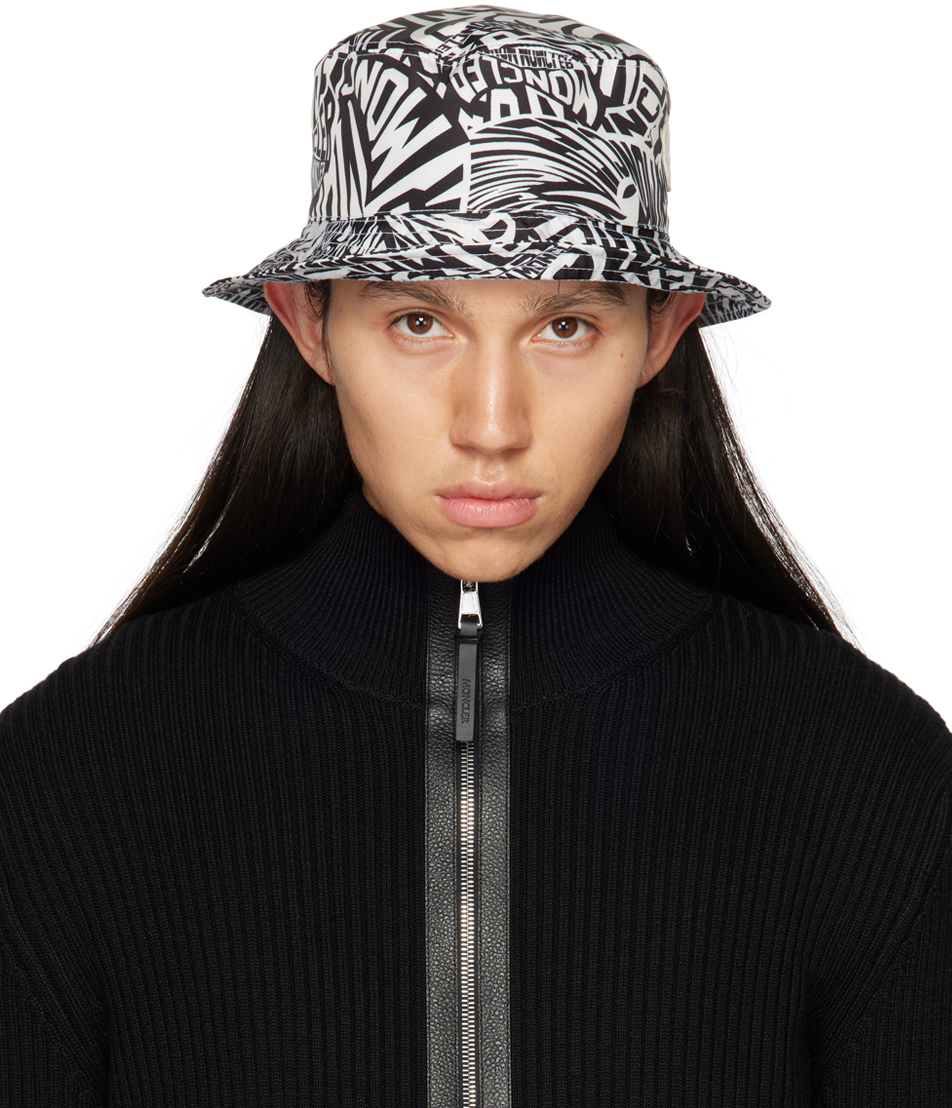 Shop Moncler Black & White Graphic Bucket Hat In F09 White Running Lo