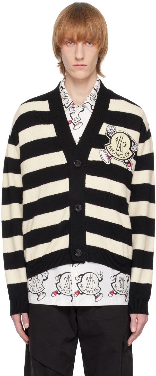 Shop Moncler Black & White Striped Cardigan In P90 Stripe